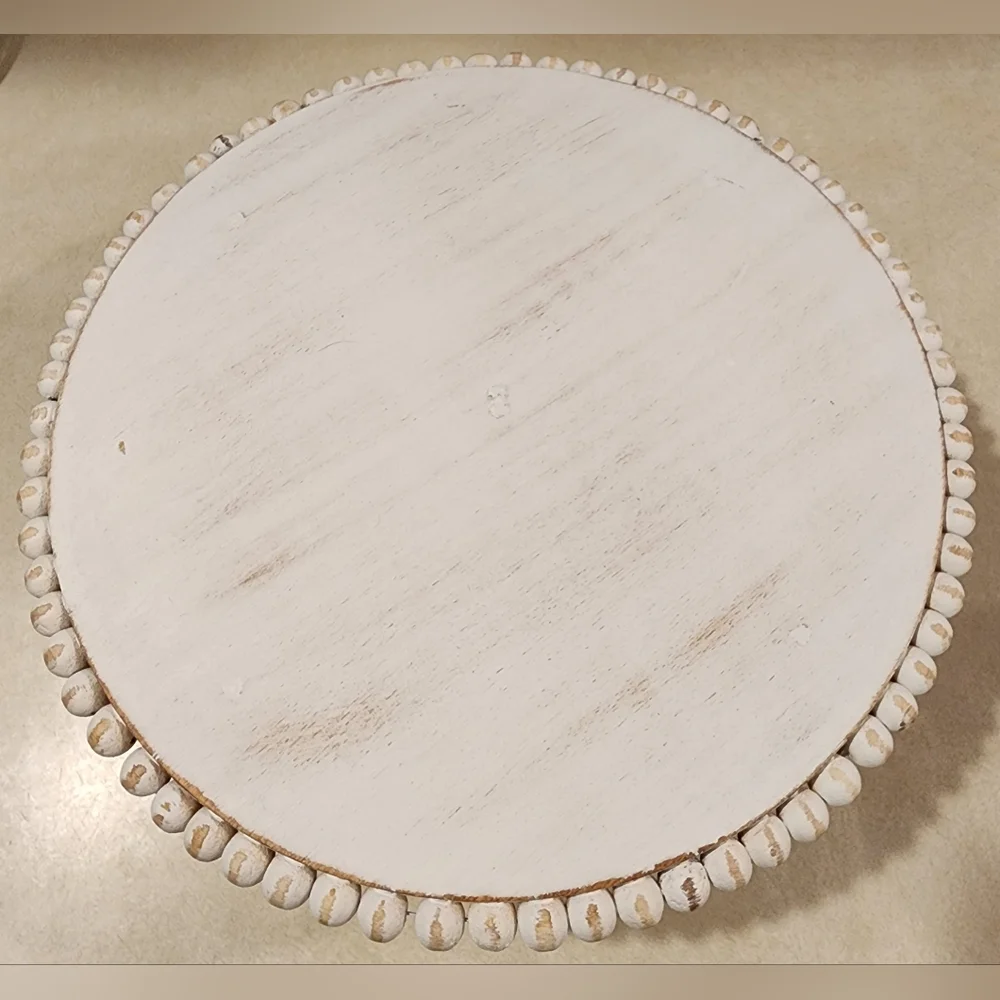 Distressed White-washed Wooden Beaded Farmhouse Pedestal Tray/Cake Display Stand